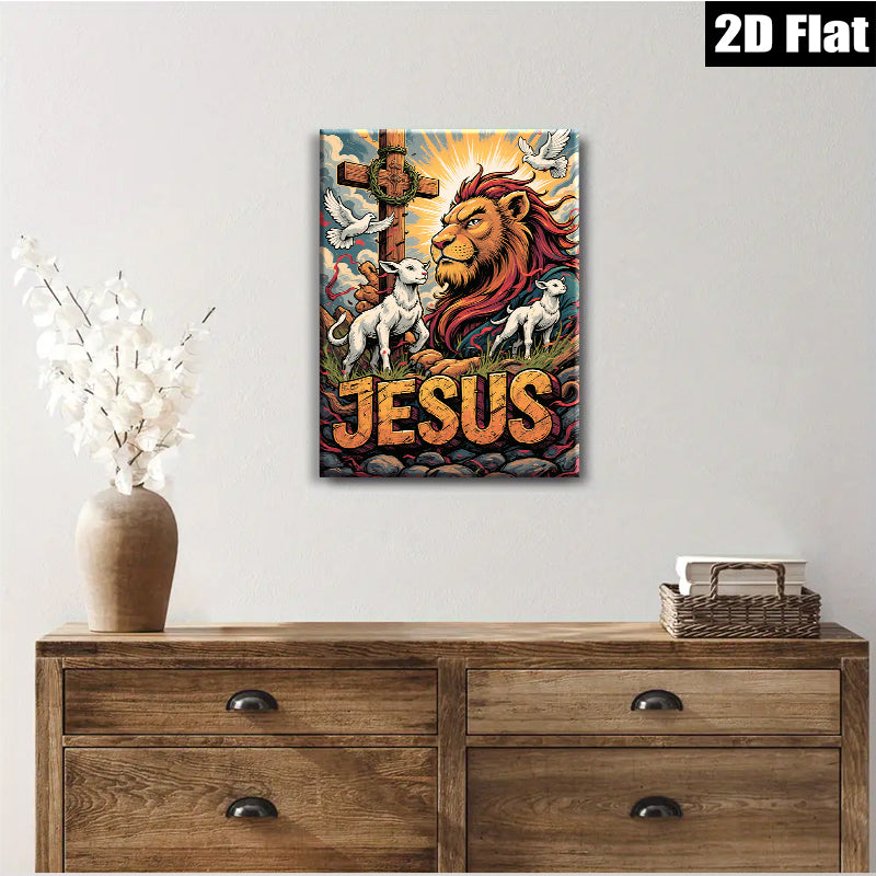 2D flat 1pc Majestic Lion Christ with Lambs Spiritual Wall Art Decor for Living Room Bedroom Gallery Wrapped Canvas Prints Home Décor Farmhouse Style