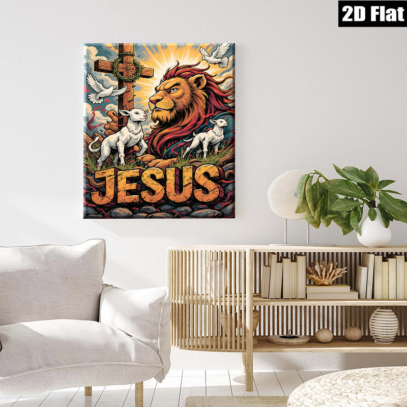 2D flat 1pc Majestic Lion Christ with Lambs Spiritual Wall Art Decor for Living Room Bedroom Gallery Wrapped Canvas Prints Home Décor Farmhouse Style