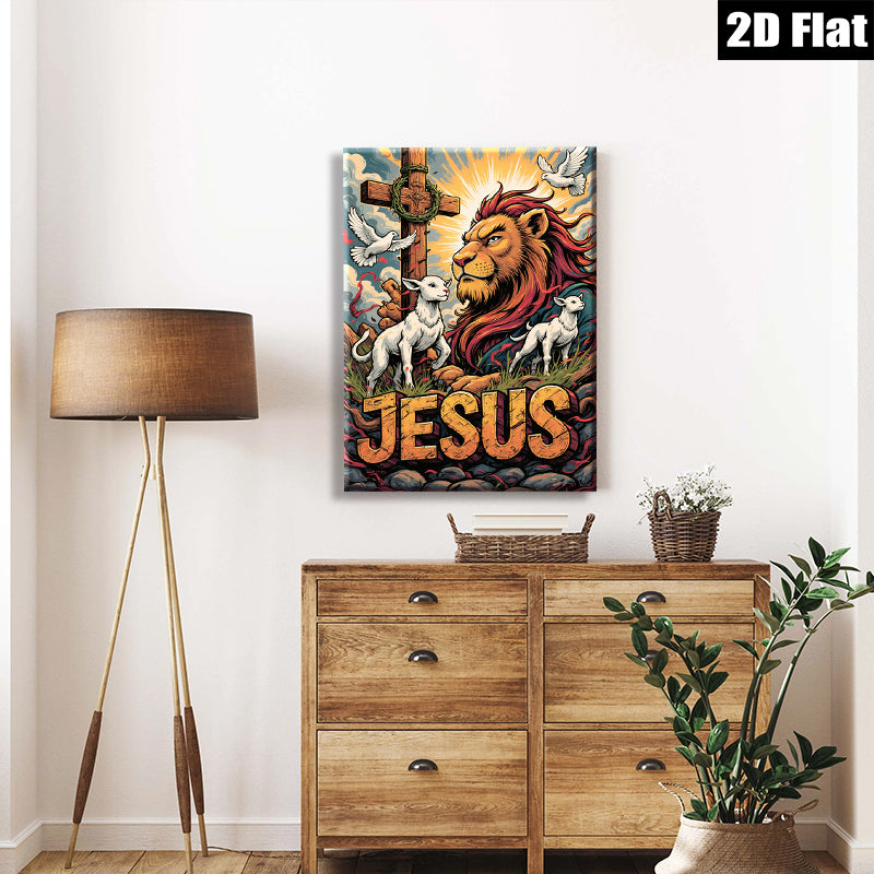2D flat 1pc Majestic Lion Christ with Lambs Spiritual Wall Art Decor for Living Room Bedroom Gallery Wrapped Canvas Prints Home Décor Farmhouse Style