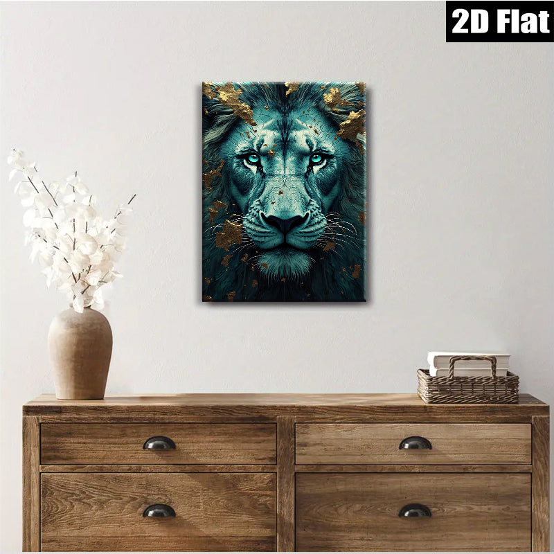 2D flat 1pc Majestic Lion Portrait Wall Art Decor Living Room Bedroom Canvas Prints Modern Farmhouse Rustic Gallery Wrapped Teal Gold Accents