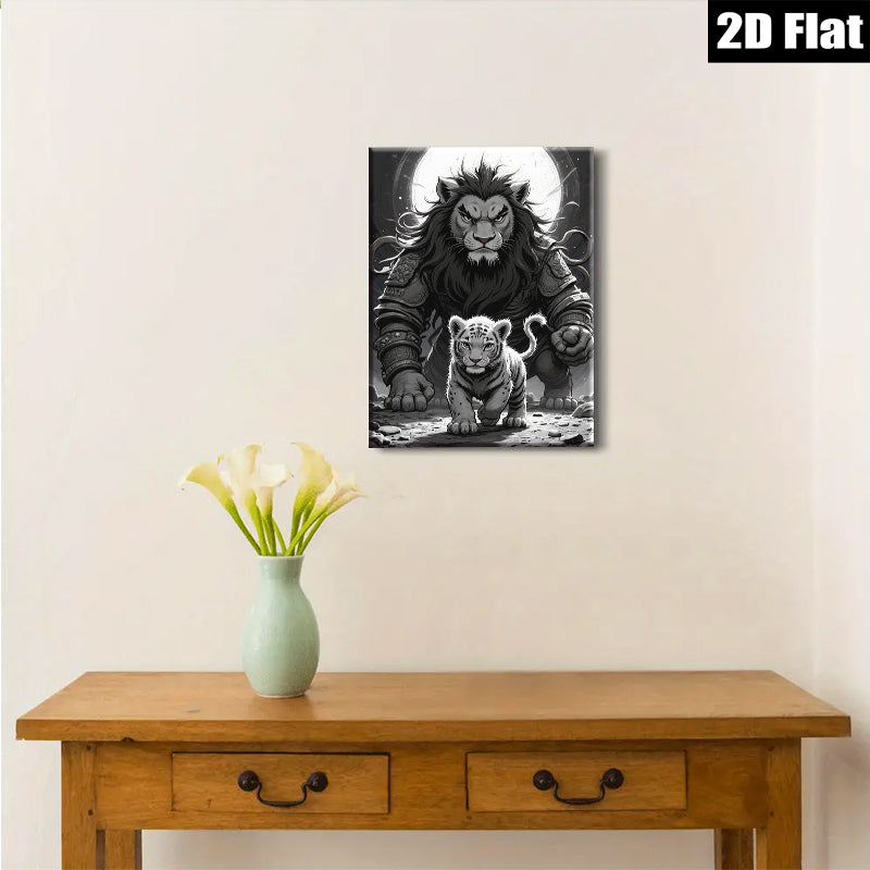 2D flat 1pc Majestic Lion Protects Cub Wildlife Canvas Wall Art for Living Room Bedroom Gallery Wrapped Home Decor Modern Farmhouse Style