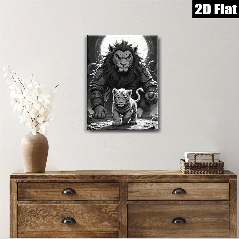 2D flat 1pc Majestic Lion Protects Cub Wildlife Canvas Wall Art for Living Room Bedroom Gallery Wrapped Home Decor Modern Farmhouse Style