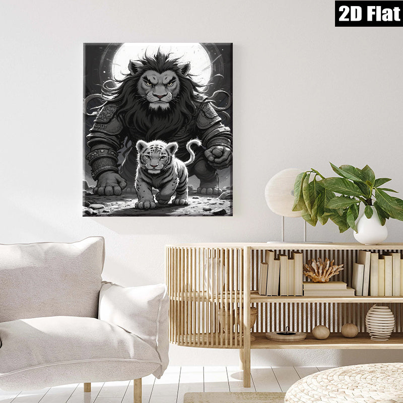 2D flat 1pc Majestic Lion Protects Cub Wildlife Canvas Wall Art for Living Room Bedroom Gallery Wrapped Home Decor Modern Farmhouse Style