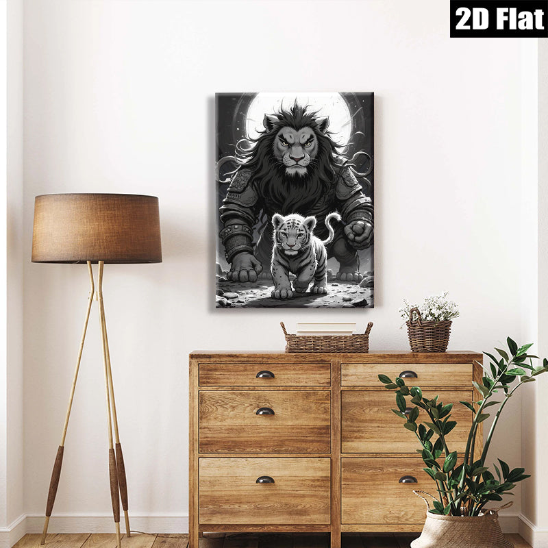 2D flat 1pc Majestic Lion Protects Cub Wildlife Canvas Wall Art for Living Room Bedroom Gallery Wrapped Home Decor Modern Farmhouse Style
