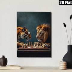 2D flat 1pc Majestic Lion Tiger Chess Game Wall Art Living Room Bedroom Decor Canvas Prints Modern Farmhouse Aesthetic Gallery Wrapped Animal Wildlife Art