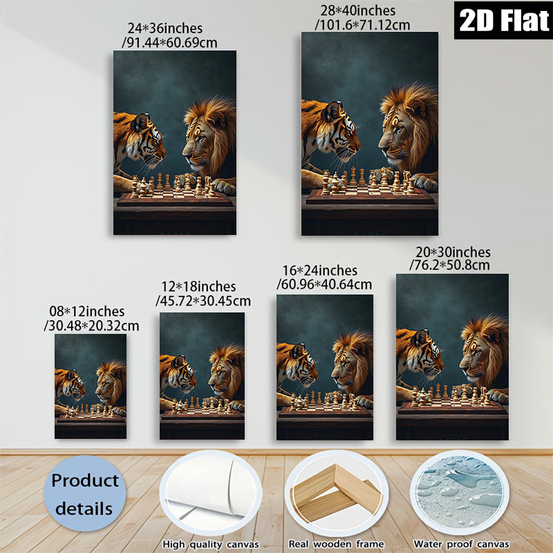 2D flat 1pc Majestic Lion Tiger Chess Game Wall Art Living Room Bedroom Decor Canvas Prints Modern Farmhouse Aesthetic Gallery Wrapped Animal Wildlife Art