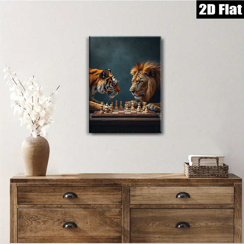 2D flat 1pc Majestic Lion Tiger Chess Game Wall Art Living Room Bedroom Decor Canvas Prints Modern Farmhouse Aesthetic Gallery Wrapped Animal Wildlife Art