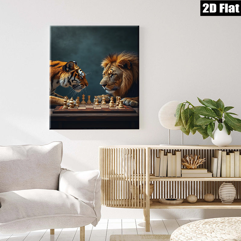 2D flat 1pc Majestic Lion Tiger Chess Game Wall Art Living Room Bedroom Decor Canvas Prints Modern Farmhouse Aesthetic Gallery Wrapped Animal Wildlife Art