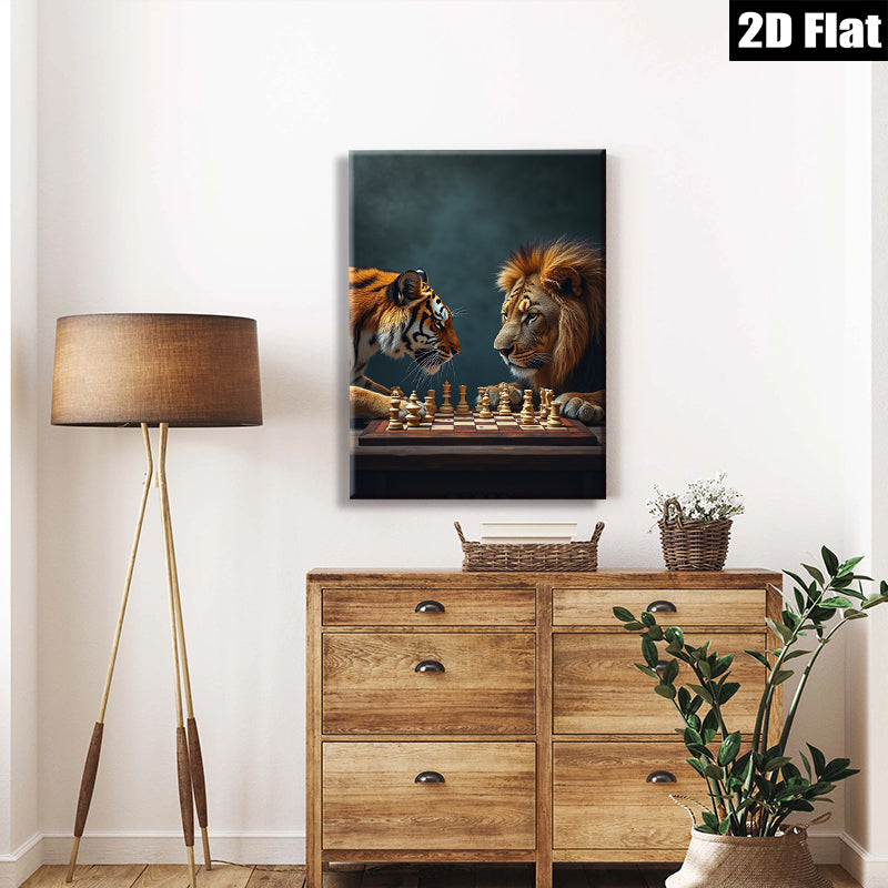 2D flat 1pc Majestic Lion Tiger Chess Game Wall Art Living Room Bedroom Decor Canvas Prints Modern Farmhouse Aesthetic Gallery Wrapped Animal Wildlife Art