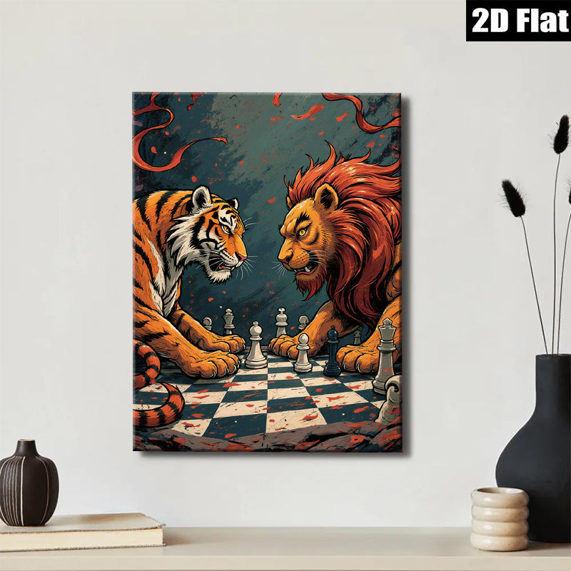 2D flat 1pc Majestic Lion versus Tiger Chess Game Wall Art Canvas Print for Living Room Bedroom Modern Farmhouse Decor Gallery Wrapped Ready to Hang