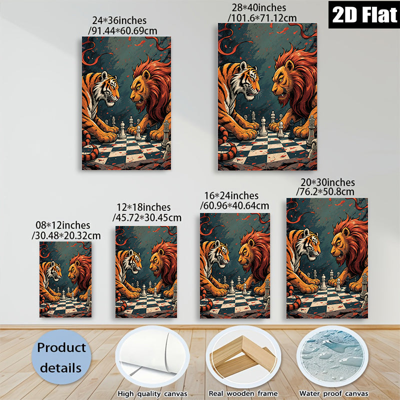2D flat 1pc Majestic Lion versus Tiger Chess Game Wall Art Canvas Print for Living Room Bedroom Modern Farmhouse Decor Gallery Wrapped Ready to Hang