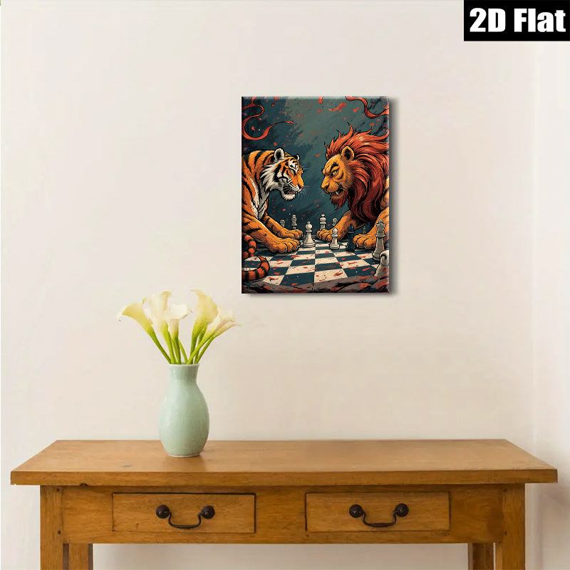2D flat 1pc Majestic Lion versus Tiger Chess Game Wall Art Canvas Print for Living Room Bedroom Modern Farmhouse Decor Gallery Wrapped Ready to Hang