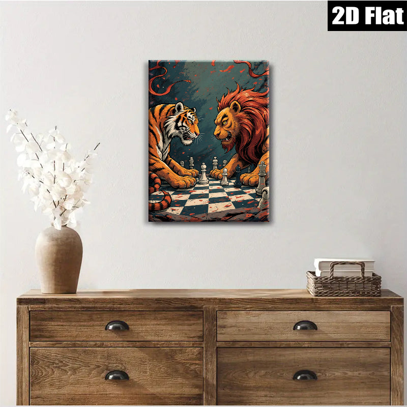 2D flat 1pc Majestic Lion versus Tiger Chess Game Wall Art Canvas Print for Living Room Bedroom Modern Farmhouse Decor Gallery Wrapped Ready to Hang