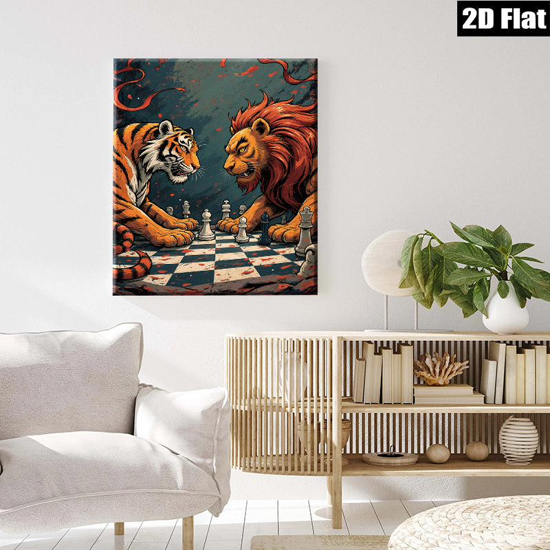 2D flat 1pc Majestic Lion versus Tiger Chess Game Wall Art Canvas Print for Living Room Bedroom Modern Farmhouse Decor Gallery Wrapped Ready to Hang
