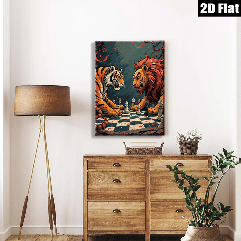 2D flat 1pc Majestic Lion versus Tiger Chess Game Wall Art Canvas Print for Living Room Bedroom Modern Farmhouse Decor Gallery Wrapped Ready to Hang