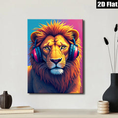 2D flat 1pc Majestic Lion with Headphones Vibrant Animal Portrait Wall Art Decor for Living Room Bedroom Gallery Wrapped Canvas Prints Modern Farmhouse Style