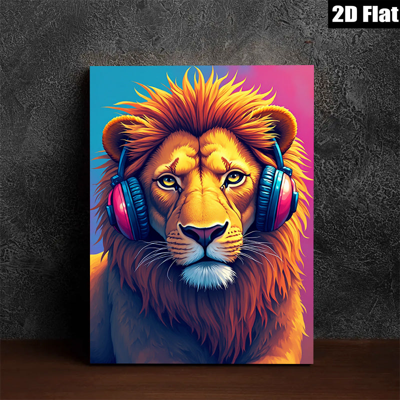 2D flat 1pc Majestic Lion with Headphones Vibrant Animal Portrait Wall Art Decor for Living Room Bedroom Gallery Wrapped Canvas Prints Modern Farmhouse Style