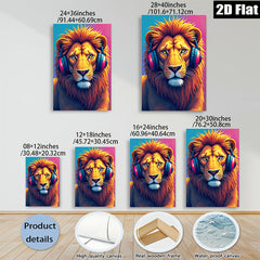 2D flat 1pc Majestic Lion with Headphones Vibrant Animal Portrait Wall Art Decor for Living Room Bedroom Gallery Wrapped Canvas Prints Modern Farmhouse Style