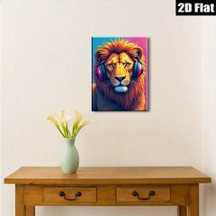 2D flat 1pc Majestic Lion with Headphones Vibrant Animal Portrait Wall Art Decor for Living Room Bedroom Gallery Wrapped Canvas Prints Modern Farmhouse Style