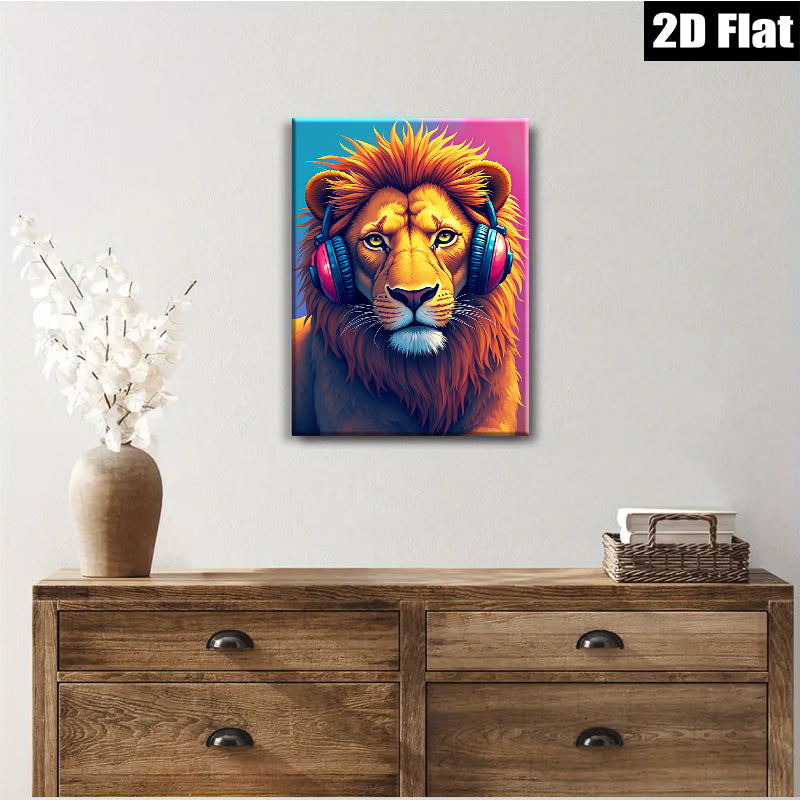 2D flat 1pc Majestic Lion with Headphones Vibrant Animal Portrait Wall Art Decor for Living Room Bedroom Gallery Wrapped Canvas Prints Modern Farmhouse Style