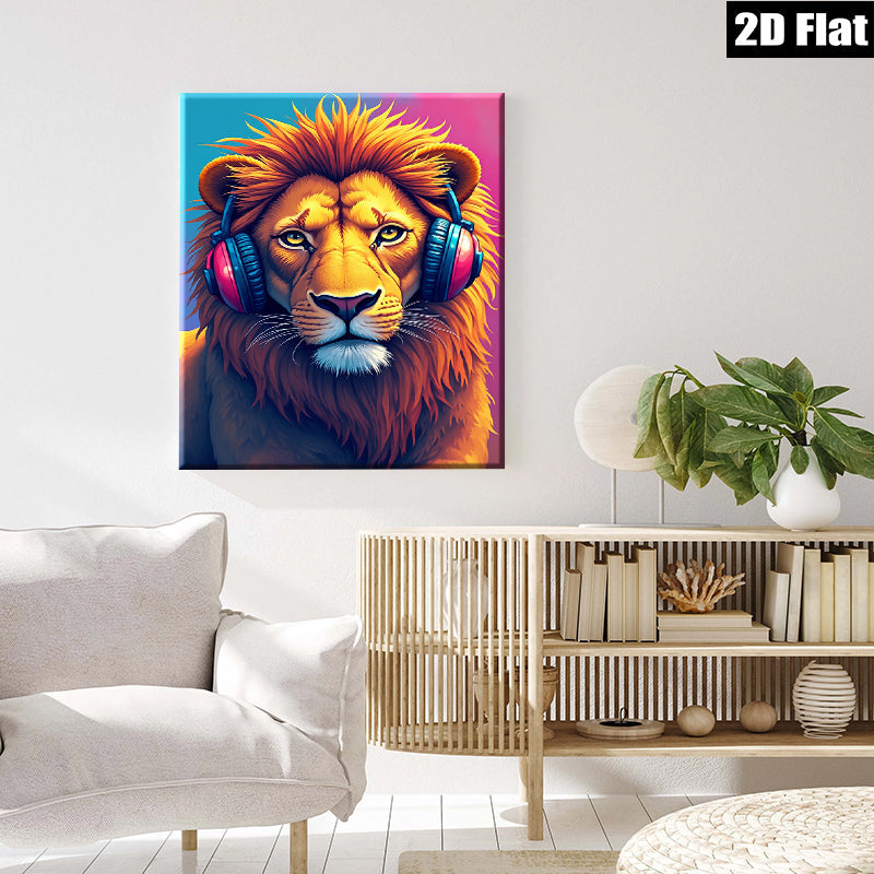 2D flat 1pc Majestic Lion with Headphones Vibrant Animal Portrait Wall Art Decor for Living Room Bedroom Gallery Wrapped Canvas Prints Modern Farmhouse Style