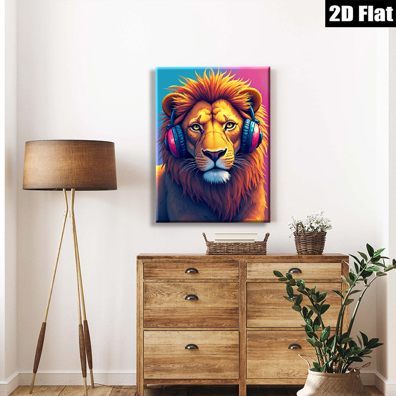 2D flat 1pc Majestic Lion with Headphones Vibrant Animal Portrait Wall Art Decor for Living Room Bedroom Gallery Wrapped Canvas Prints Modern Farmhouse Style