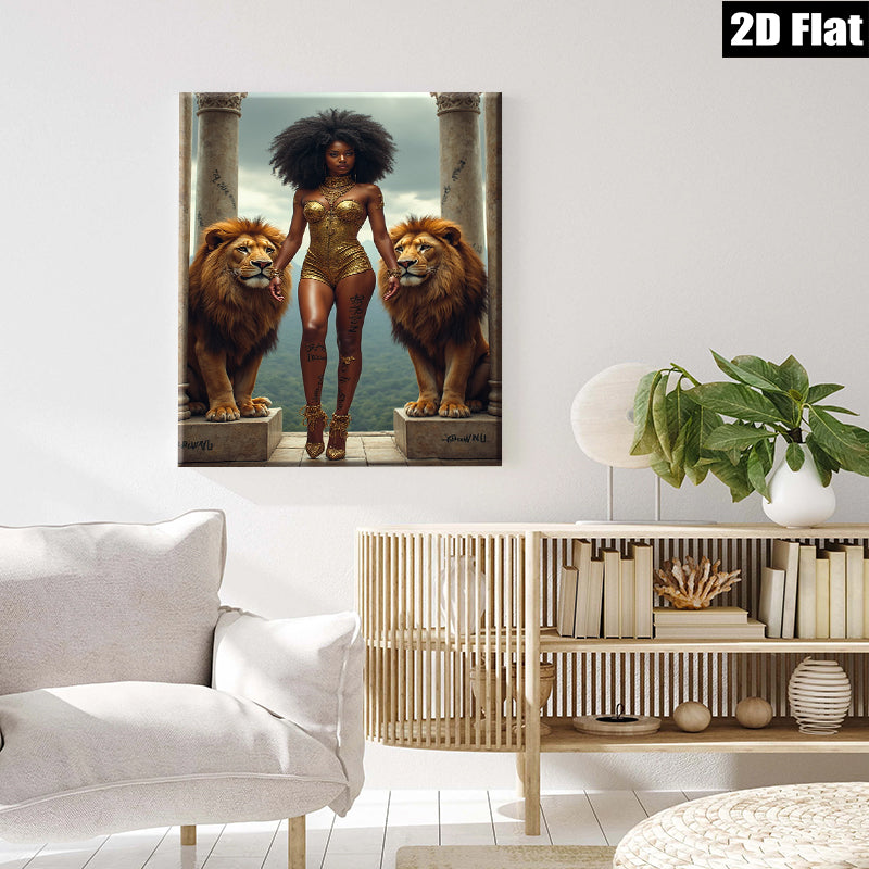 2D flat 1pc Majestic Lioness Queen Portrait Wall Art Living Room Bedroom Decor Gallery Wrapped Canvas Prints for Home Modern Farmhouse Aesthetic