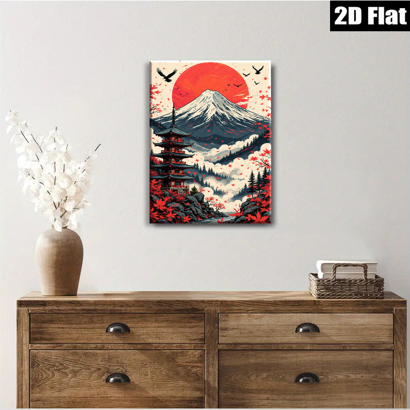 2D flat 1pc Majestic Mount Fuji Japanese Pagoda Wall Art Canvas Prints for Living Room Bedroom Home Decor Modern Farmhouse Aesthetic Gallery Wrapped