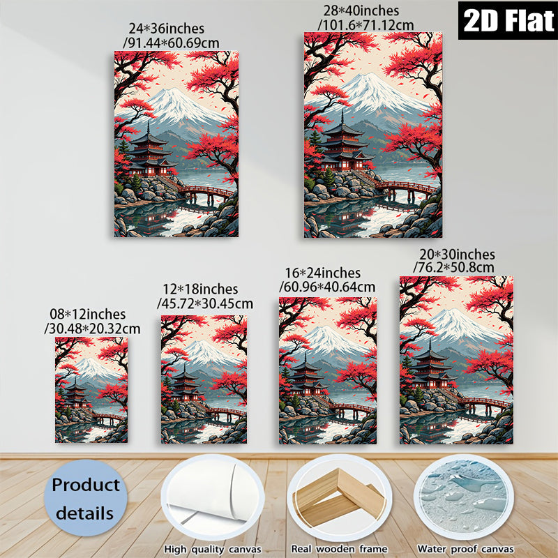 2D flat 1pc Majestic Mount Fuji Lakeside Temple serene wall art for living room bedroom home office decor farmhouse style canvas prints