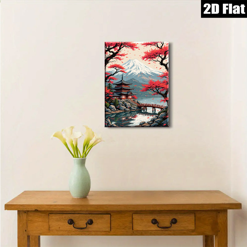 2D flat 1pc Majestic Mount Fuji Lakeside Temple serene wall art for living room bedroom home office decor farmhouse style canvas prints