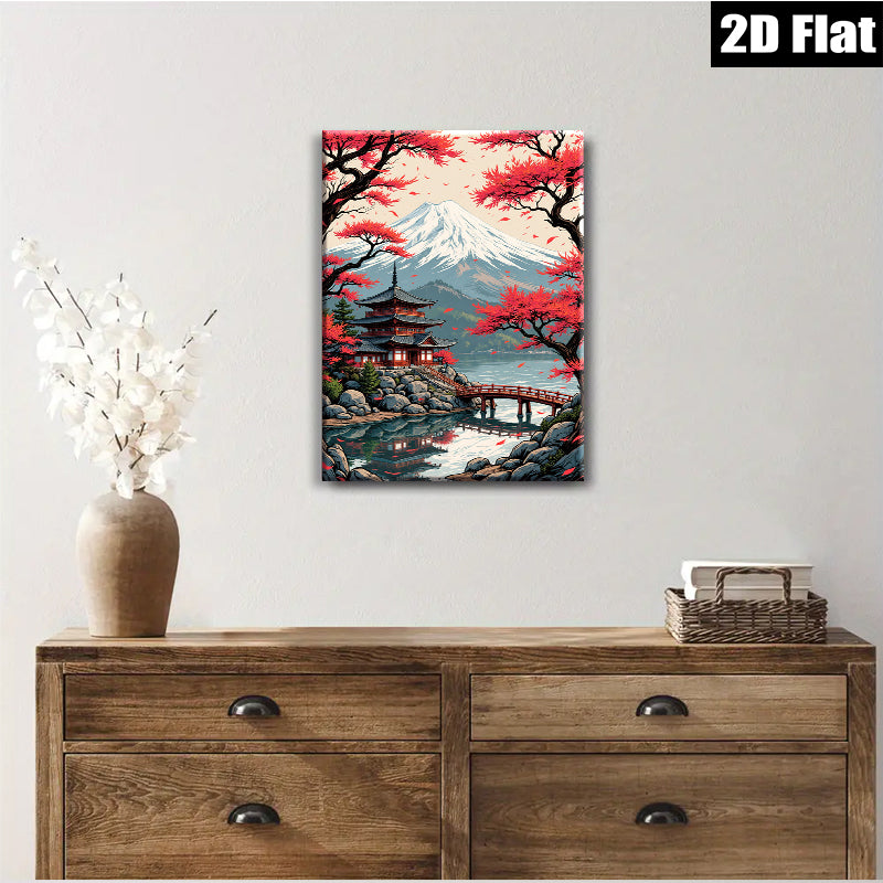 2D flat 1pc Majestic Mount Fuji Lakeside Temple serene wall art for living room bedroom home office decor farmhouse style canvas prints