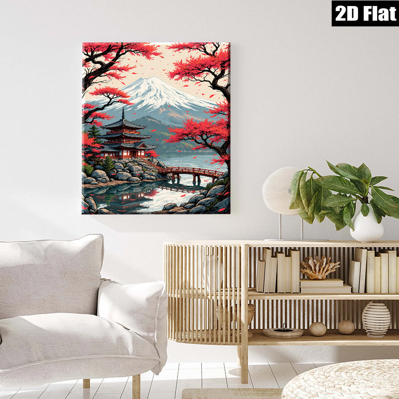 2D flat 1pc Majestic Mount Fuji Lakeside Temple serene wall art for living room bedroom home office decor farmhouse style canvas prints