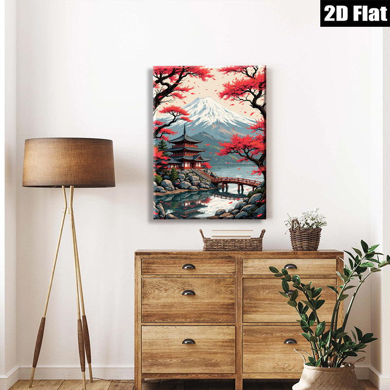 2D flat 1pc Majestic Mount Fuji Lakeside Temple serene wall art for living room bedroom home office decor farmhouse style canvas prints