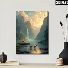 2D flat 1pc Majestic Mountain Lake Deer Scenic Wall Art Canvas Prints for Living Room Bedroom Home Decor Farmhouse Rustic Modern Gallery Wrapped