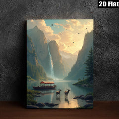 2D flat 1pc Majestic Mountain Lake Deer Scenic Wall Art Canvas Prints for Living Room Bedroom Home Decor Farmhouse Rustic Modern Gallery Wrapped