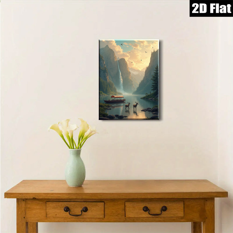 2D flat 1pc Majestic Mountain Lake Deer Scenic Wall Art Canvas Prints for Living Room Bedroom Home Decor Farmhouse Rustic Modern Gallery Wrapped
