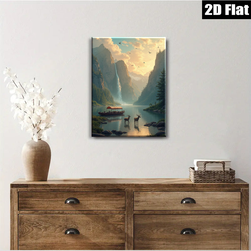 2D flat 1pc Majestic Mountain Lake Deer Scenic Wall Art Canvas Prints for Living Room Bedroom Home Decor Farmhouse Rustic Modern Gallery Wrapped
