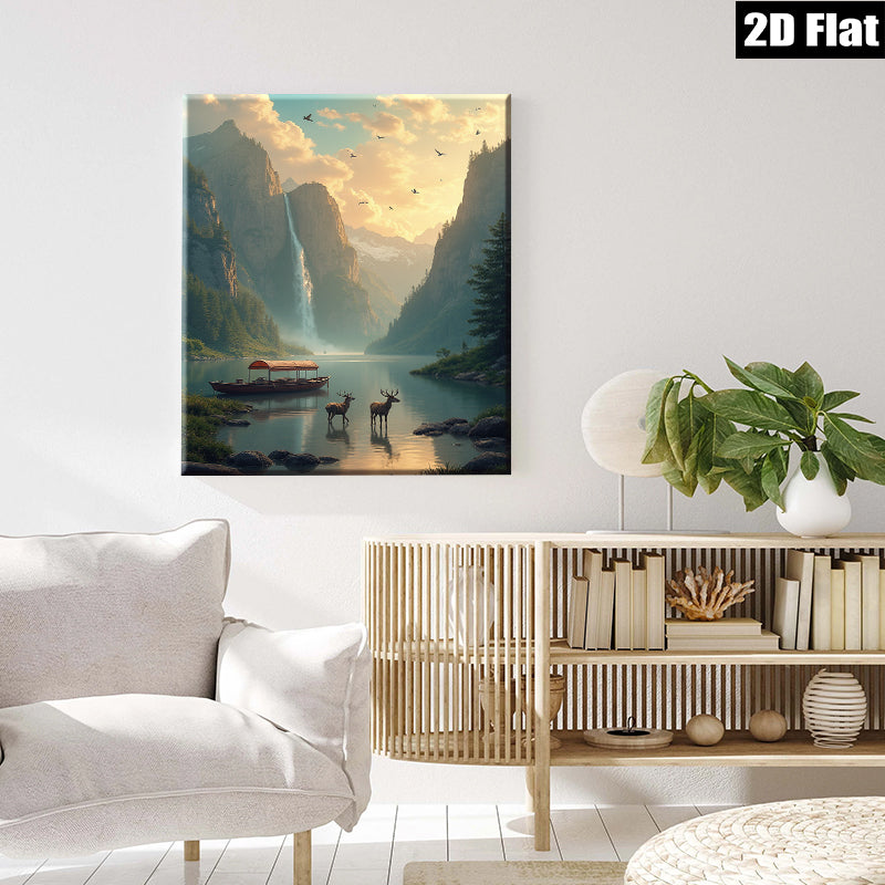 2D flat 1pc Majestic Mountain Lake Deer Scenic Wall Art Canvas Prints for Living Room Bedroom Home Decor Farmhouse Rustic Modern Gallery Wrapped
