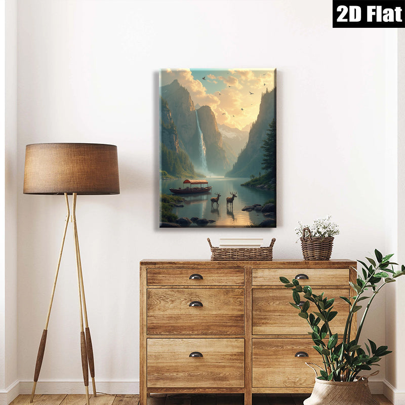 2D flat 1pc Majestic Mountain Lake Deer Scenic Wall Art Canvas Prints for Living Room Bedroom Home Decor Farmhouse Rustic Modern Gallery Wrapped