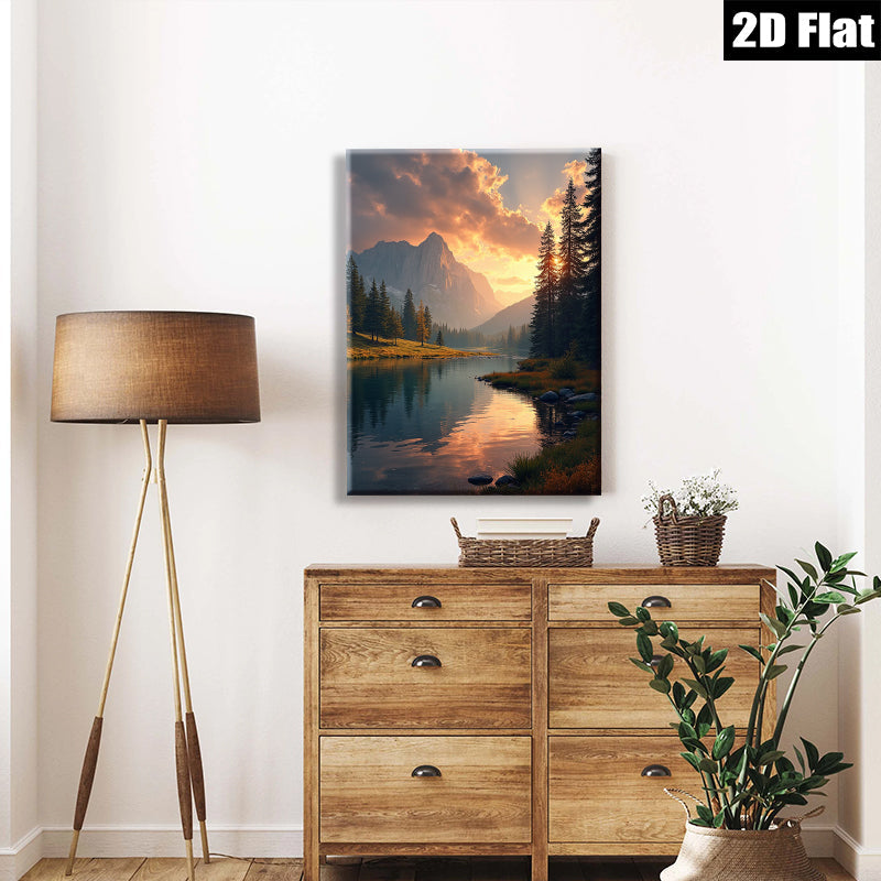 2D flat 1pc Majestic Mountain Lake Reflection Canvas Wall Art for Living Room Bedroom Home Decor Farmhouse Rustic Modern Gallery Wrapped Prints