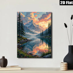 2D flat 1pc Majestic Mountain Lake Sunset Canvas Wall Art for Living Room Bedroom Home Decor Farmhouse Style Gallery Wrapped Ready to Hang