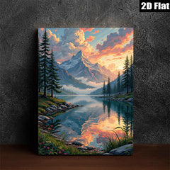 2D flat 1pc Majestic Mountain Lake Sunset Canvas Wall Art for Living Room Bedroom Home Decor Farmhouse Style Gallery Wrapped Ready to Hang