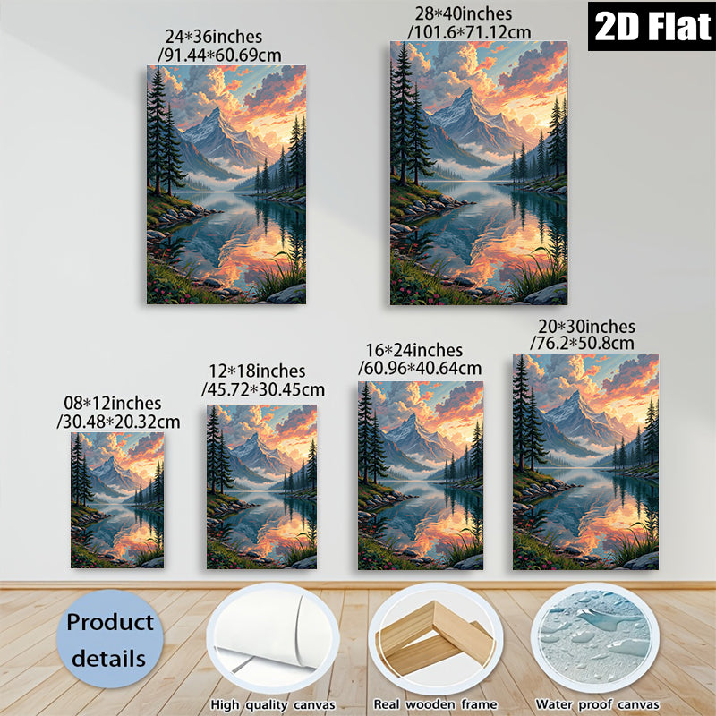 2D flat 1pc Majestic Mountain Lake Sunset Canvas Wall Art for Living Room Bedroom Home Decor Farmhouse Style Gallery Wrapped Ready to Hang