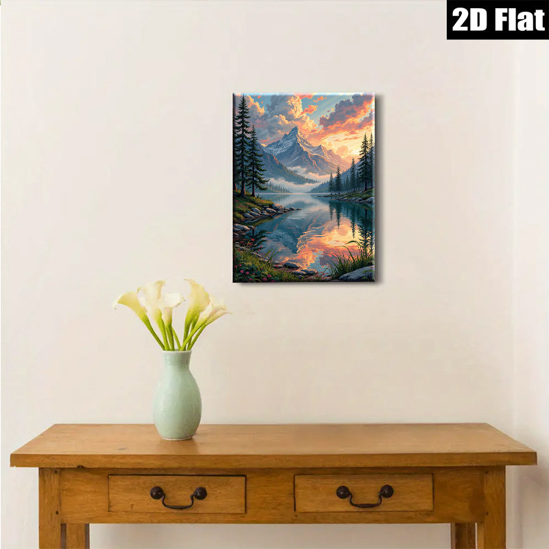 2D flat 1pc Majestic Mountain Lake Sunset Canvas Wall Art for Living Room Bedroom Home Decor Farmhouse Style Gallery Wrapped Ready to Hang