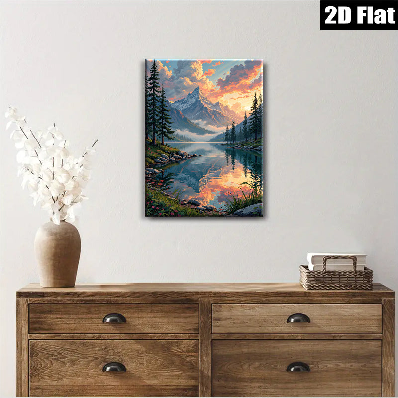 2D flat 1pc Majestic Mountain Lake Sunset Canvas Wall Art for Living Room Bedroom Home Decor Farmhouse Style Gallery Wrapped Ready to Hang