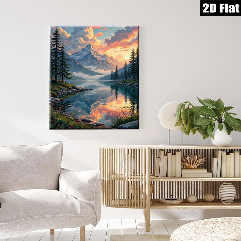 2D flat 1pc Majestic Mountain Lake Sunset Canvas Wall Art for Living Room Bedroom Home Decor Farmhouse Style Gallery Wrapped Ready to Hang