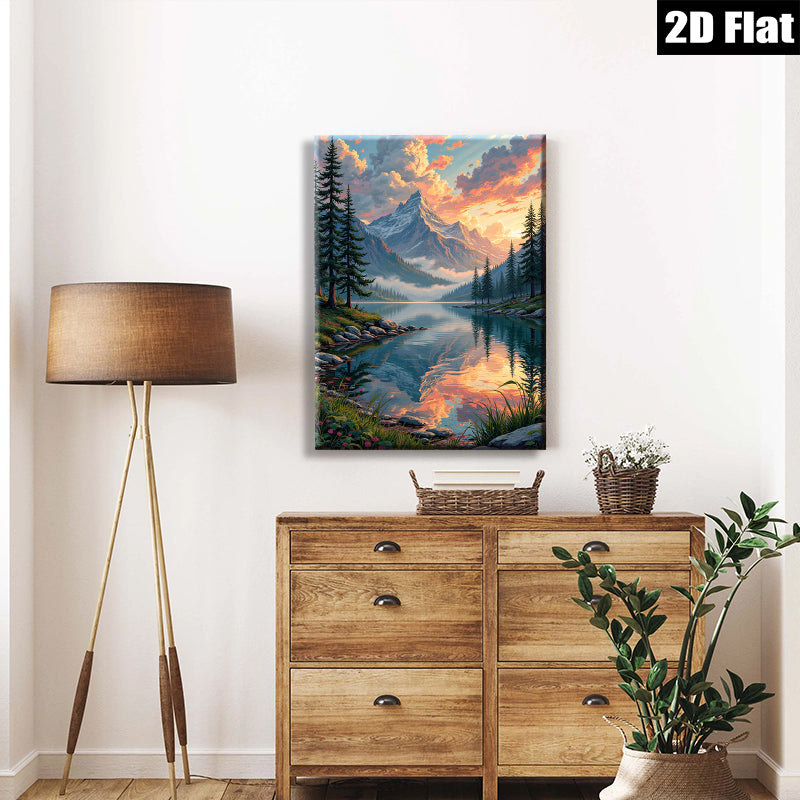 2D flat 1pc Majestic Mountain Lake Sunset Canvas Wall Art for Living Room Bedroom Home Decor Farmhouse Style Gallery Wrapped Ready to Hang