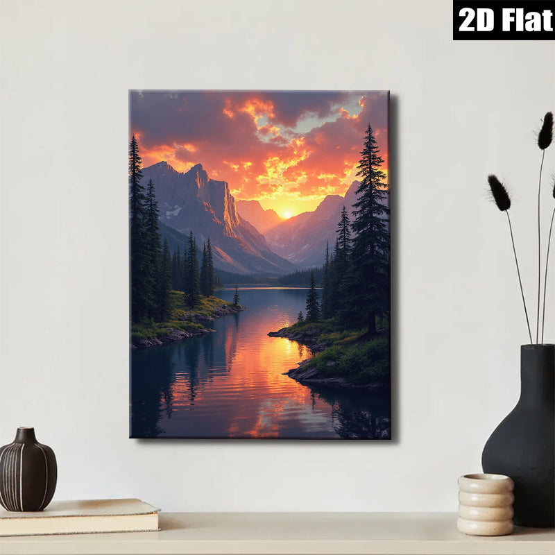2D flat 1pc Majestic Mountain Lake Sunset Wall Art Canvas Prints for Living Room Bedroom Home Decor Modern Farmhouse Rustic Gallery Wrapped Ready to Hang