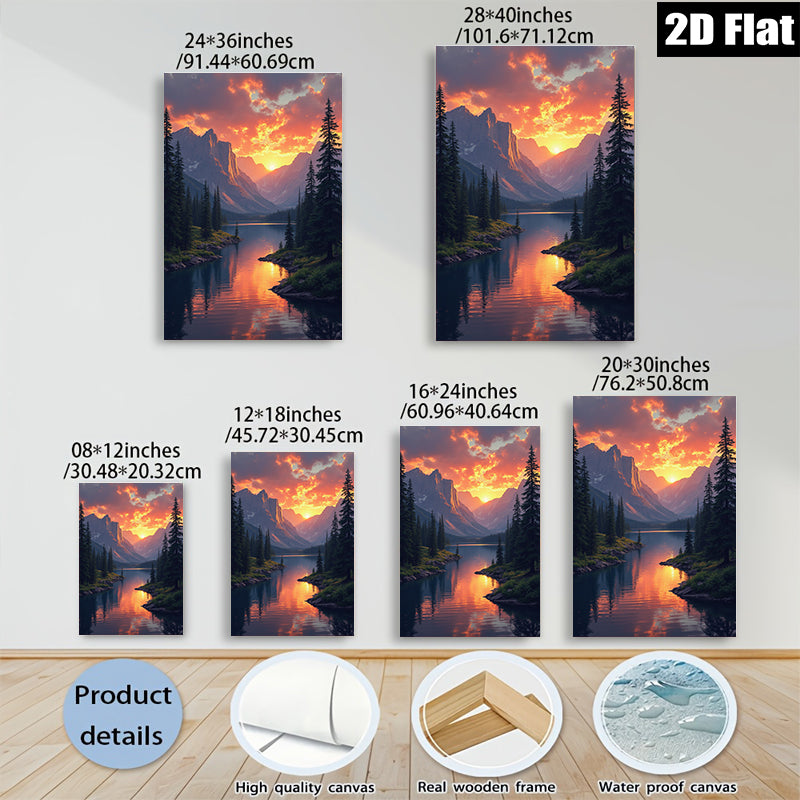 2D flat 1pc Majestic Mountain Lake Sunset Wall Art Canvas Prints for Living Room Bedroom Home Decor Modern Farmhouse Rustic Gallery Wrapped Ready to Hang