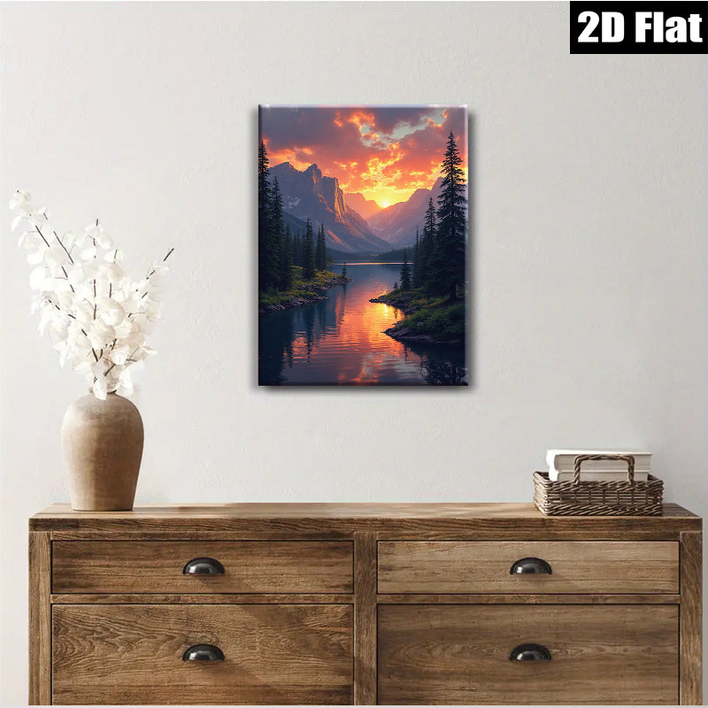 2D flat 1pc Majestic Mountain Lake Sunset Wall Art Canvas Prints for Living Room Bedroom Home Decor Modern Farmhouse Rustic Gallery Wrapped Ready to Hang